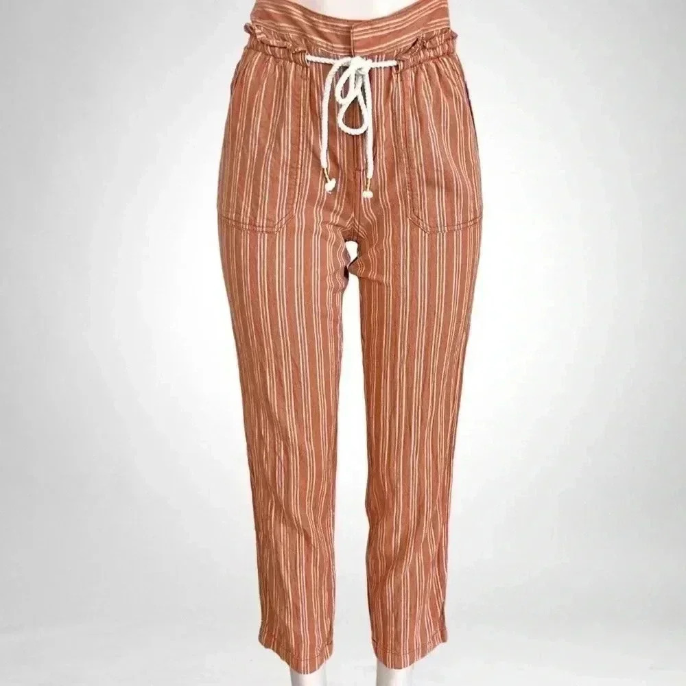 Anthropologie Seashore Beach Pants Linen + Cotton Terracotta Stripe SZ S